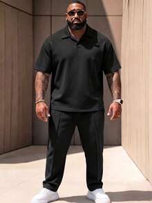 Men's Plus Size 2-Piece Set, Summer Short Sleeve Top And Pants, Men's Plus Size Solid Color T-Shirt Set - Black - View 6