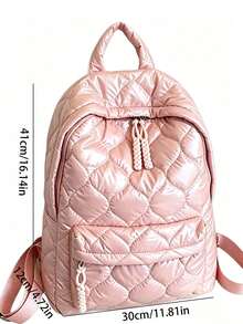 Mochila acolchada con corazón rosa, de nailon suave con acolchado, tejido de punto, cordón y cremallera, gran capacidad, mochila escolar para estudiantes y viajes diarios - Rosa - Ver 3