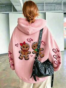 Women's Plus Size Cookie Letter Print Loose Pullover Sweatshirt - Pink Casual Pullover Sweatshirt, Kangaroo Pocket & Drawstring Design, Machine Washable, Comfortable All Seasons, Soft Fabric Loose Fit - Pink - View 1