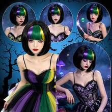 Perruque courte colorée avec frange, pour le port quotidien des femmes, fête de costume d'Halloween, perruque de cosplay anime en cheveux synthétiques lisses, options de dégradé multicolore et de couleur unie (jaune, blanc, marron, vert, or) - Multicolore - Voir 8
