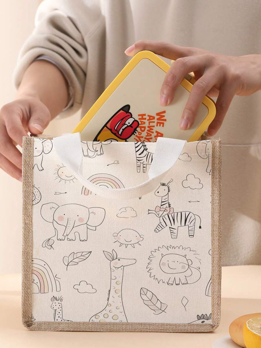 1pc Linen Tote Bag, Animal Print & Jute Patchwork, Durable Large Capacity, Suitable For Shopping, Commuting, School, Picnic And Travel - Multicolor - View 1