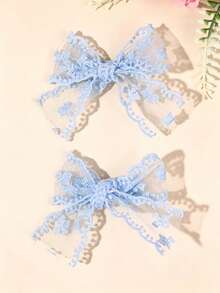 2pcs Blue Lace Hair Bow For Teen Girls, Delicate Bow Knot Alligator Clip, Daily Hairpin Set, Sweet Teen Girls Hair Accessories - Blue - View 4