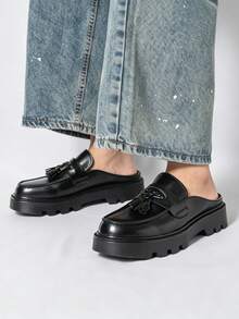 Black Tassel Loafer Mule Half-Slip-On Men's Backless Slip-On Shoes With Thick Serrated Platform Sole, Invisible Height Increase, British Street Style Spring/Summer Commute Versatile Slouchy Outdoor Sandals - Black - View 8