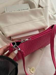 Women's Woven Texture PU Leather Zipper Small Casual Shoulder Bag, Daily Use Crossbody Bag (Gift Bag Not Included) - Pink - View 7