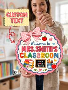 1pc Custom Teacher Name Welcome To Classroom Door Hanger,Personalized Pink Polka Dot Bow Wooden Plaque, Cute Apple Book Teach Love Inspire,School Front Door,Teacher Gift,Teacher Appreciation Gift,Back To School - Multicolor - View 2