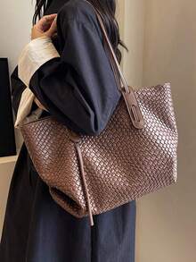 Minimalist Large Woven Pattern Tote Bag, Smooth Pu Brown With Dual Long Handles, Roomy Daily Bag Suitable For Work Shopping Short Trips - Brown - View 3