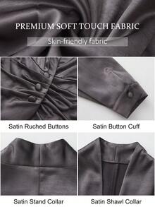 ROSIE POPHUB Women Grey Satin V Neck Long Sleeve Blouse Ruched Button Front Slim Fit Shirt Elegant Commute Party Christmas Top For Fall Winter - Dark Grey - View 10