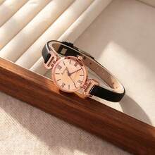 1PC Vintage Rose Gold Roman Numeral Quartz Women's Watch, Brown & Black Dual-Tone Leather Strap Commuter Style, Perfect Gift For Women - Multicolor - View 4