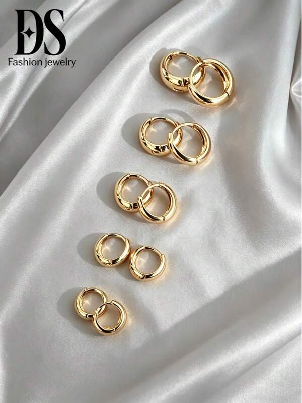 10pcs Set European And American Fashion Multiple Earrings, Copper Material Jewelry Earrings For Women, Minimalist Plain Hoop Earrings, Suitable For Daily Casual Wear, Aesthetic