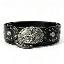 Vintage Scorpion Decor Wide Waist Belt, Gothic Rivet Eyelet Patchwork Faux Leather Corset Belt, Y2K Hot Girl Punk Style Women's Exaggerated Personalized Belt, Rock & Roll Outfit Accessory Bohemian PU Leather Gothic Scorpion Buckle Wide Leather Belt, Punk Rivet Patchwork Corset Belt For All Seasons - Black - View 4