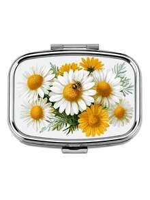 1pc Elegant Yellow & White Daisy Pattern Square Portable Small Pill Box, High-Quality Durable Metal Shell, 2-Layer Storage For Pills, Vitamins And Keepsakes, Pocket Size, Creative Gift - Multicolor - View 11