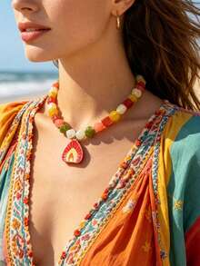Sweet And Cool Style Colorful Dopamine Peach Pendant Necklace For Women - Personalized Beaded Earrings For The Neckline Chain - Multicolor - View 3