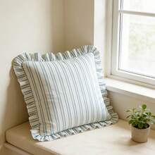1pc Striped Ruffle Pillow Case, Bohemian, Soft Square Decorative Cushion Cover, Country Style Light-Colored Striped Sofa Bed Home Decor, No Inner Core - Blue - View 4