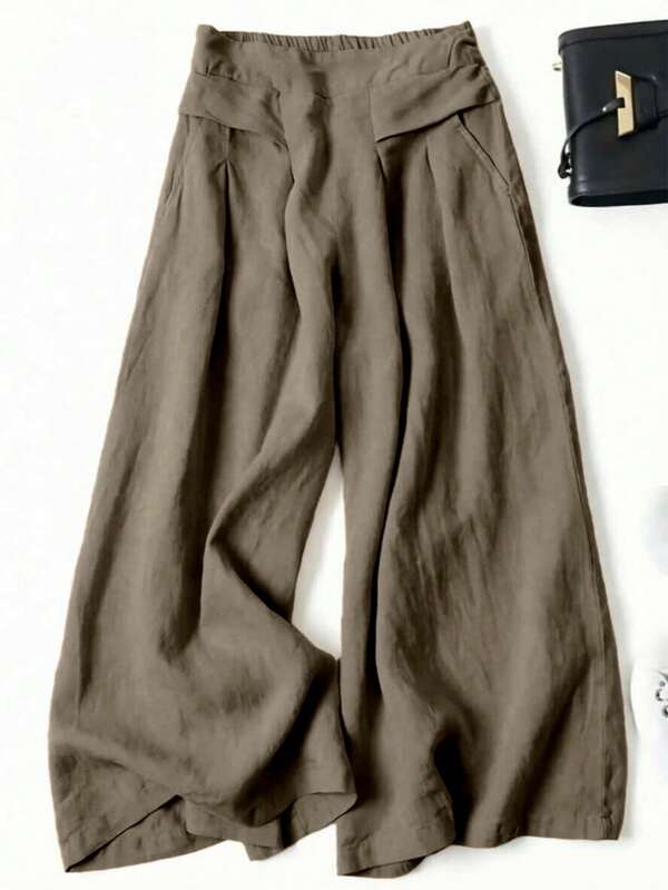 Women's Solid Color Casual Front Pocket Decorated Wide Leg Pants, Effortless Style