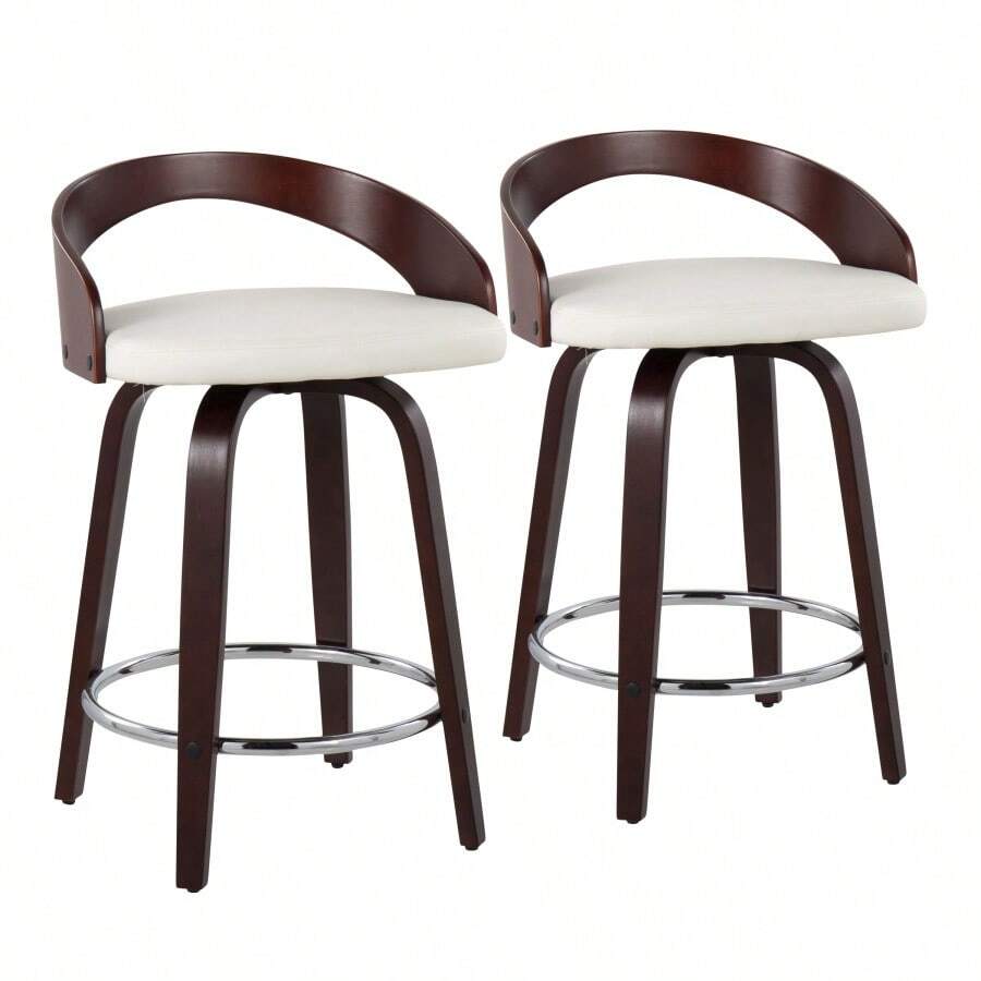 Mid-Century Modern Counter Stool With Swivel In Cherry With White Faux Leather  - Set Of 2-XY582106 - 1 - View 1