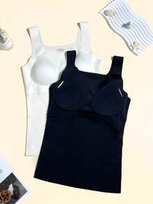 3pcs/Pack Minimalist Fashion Women's Long Tank Top, Wide, Seamless, Wire-Free, Built-In Padded, Comfortable Push-Up Camisole - Multicolor - View 6