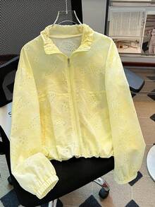 Women's Four-Season Thin Lemon Yellow Hollow-Out Stand Collar Long Sleeve Short Jacket, Decorated With Exquisite Paisley Embroidery - Yellow - View 1