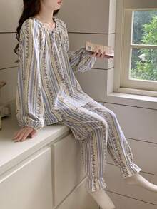2pcs Women's Pajama Loungewear Set, Romantic Ditsy Floral Neckline Tie Pullover Long Sleeve Pants, All Season - Multicolor - View 8