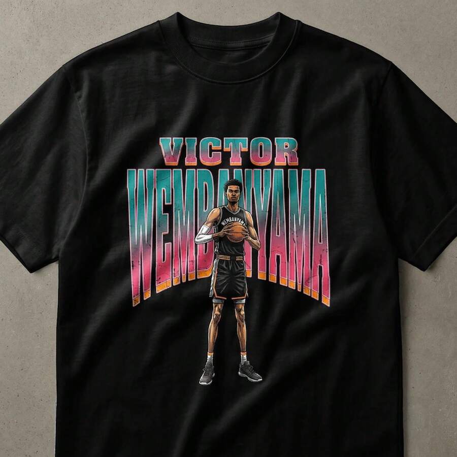 Victor Wembanyama Retro Style Basketball Player Fan T-Shirt | Vintage 80s 90s Gradient Sports Tee Gift For Him Her - 黑色 - 查看 1