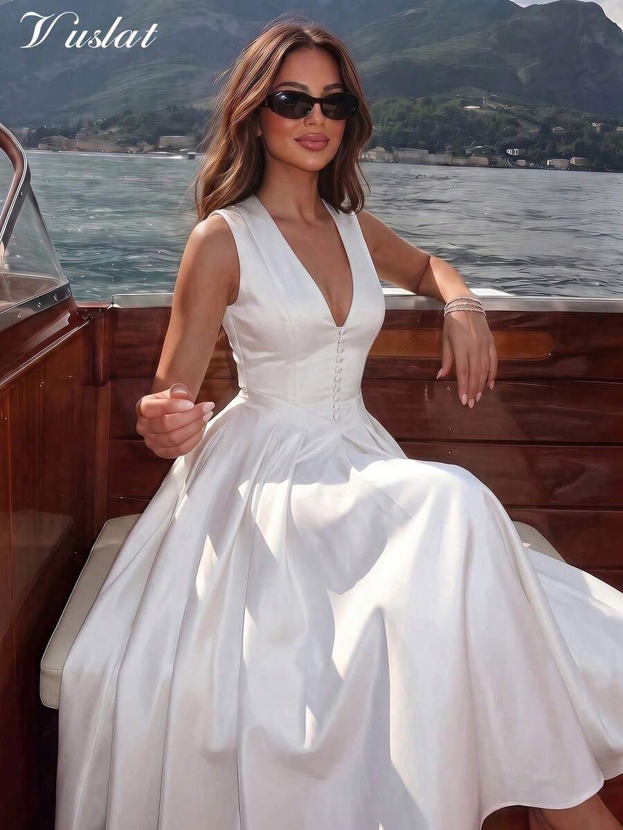 Vuslat Women's Summer Long Minimalist Gentle Vintage Front Button Pleated Maxi Dress, South French Garden Vacation Pure Desire Style Cinched Waist V-Neck White Dress, Suitable For Elegant Party, Office Commute, Garden, Party Gathering, Graduation Ceremony, Wedding Guest Outfit, Holiday, Evening Banquet, Independence Day, Birthday Party, Back To School Season - White - View 1