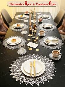 8pcs/set Hollow Out Flower Pvc Placemats (4pcs) And Coasters (4pcs), Washable, Easy To Clean, Wipeable, Non-slip, Heat Resistant, For Holiday, Wedding, Party And Festival Table Decoration - Gold - View 13