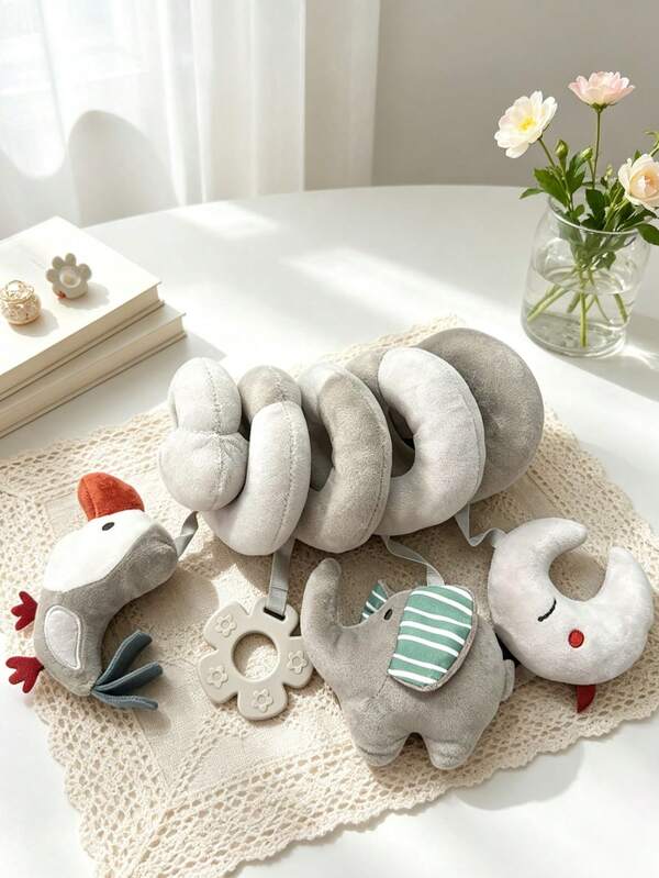 1 Stück Spirale Kinderwagen Hängespielzeug für Baby Jungen & Mädchen, graue Wolke Fuchs Elefant Vogel, mit Knisterpapier & Rassel, Farb- & Hörwahrnehmung Entwicklung, Greiftraining, Reisebegleiter Spielzeug, geeignet als Neugeborenen Geschenk