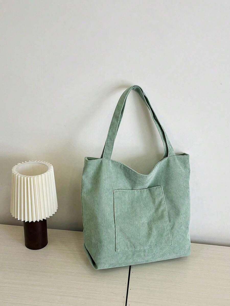 Solid Color Men's Shoulder Tote Bag, Versatile Shopping Bag, Striped Large Capacity Canvas Bag - Mint Green - View 1