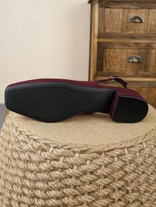Casual Plain Buckle Office Elegant Low Heel Versatile Sandals - Burgundy - View 7