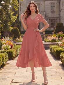 MIUSOL V-Neck Sequin Floral Lace Patchwork Chiffon Ruffle Hem Elegant Ball Party Midi Dress, Semi-Formal Evening Gown, Wedding Guest Dress Summer - Dusty Pink - View 4