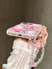 1pc Pink Floral + Chain Phone Case For Apple 17 Pro Max, Shockproof For IPhone 16/15/14/13 - Pink - View 4