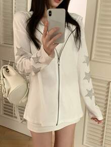 Rhinestone + Sword Zipper Pull + Gunmetal Zipper Casual Sun Protection Cover-Up Shirt For Women White - White - View 5