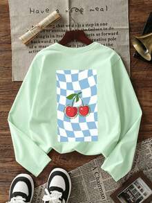 Tween Girl 1pc Printed Long Sleeve T-Shirt, Suitable For Girls' Autumn/Winter Top, Young Student Children's Clothing, Suitable For Outerwear And Layering - Mint Green - View 4