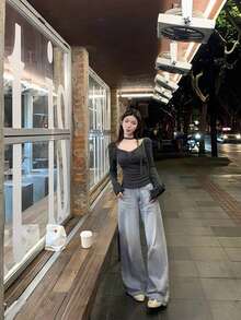 Atasan Rajut Lengan Panjang Model Slim Fit Gaya Korea untuk Wanita, Lengan Raglan Berenda, Musim Semi/Panas - Dark Grey - View 9