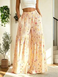Women's Casual Long Wide-Leg Pants With Vibrant Floral Print, Featuring Pockets, Made Of Comfortable Non-Stretch Fabric Vacation - Apricot - View 1