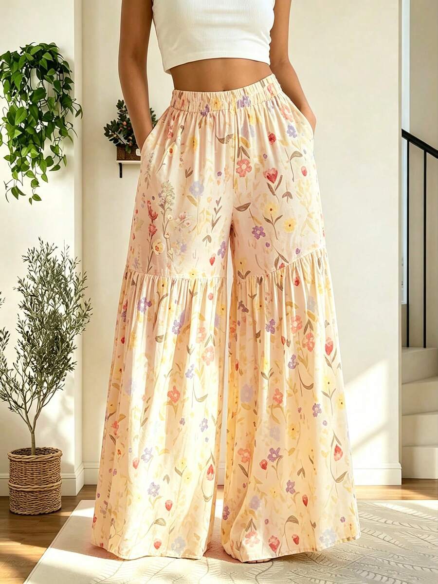 Women's Casual Long Wide-Leg Pants With Vibrant Floral Print, Featuring Pockets, Made Of Comfortable Non-Stretch Fabric Vacation - Apricot - View 1