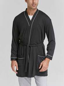 Men's 3/4 Sleeve Pure Black Pocket Comfortable Unisex Robe With Waist Belt - Multicolor - View 2
