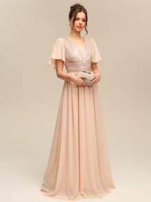 Women's Sequin Patchwork Pleated Elegant Waist Formal Dress Wedding Party - Champagne - View 5