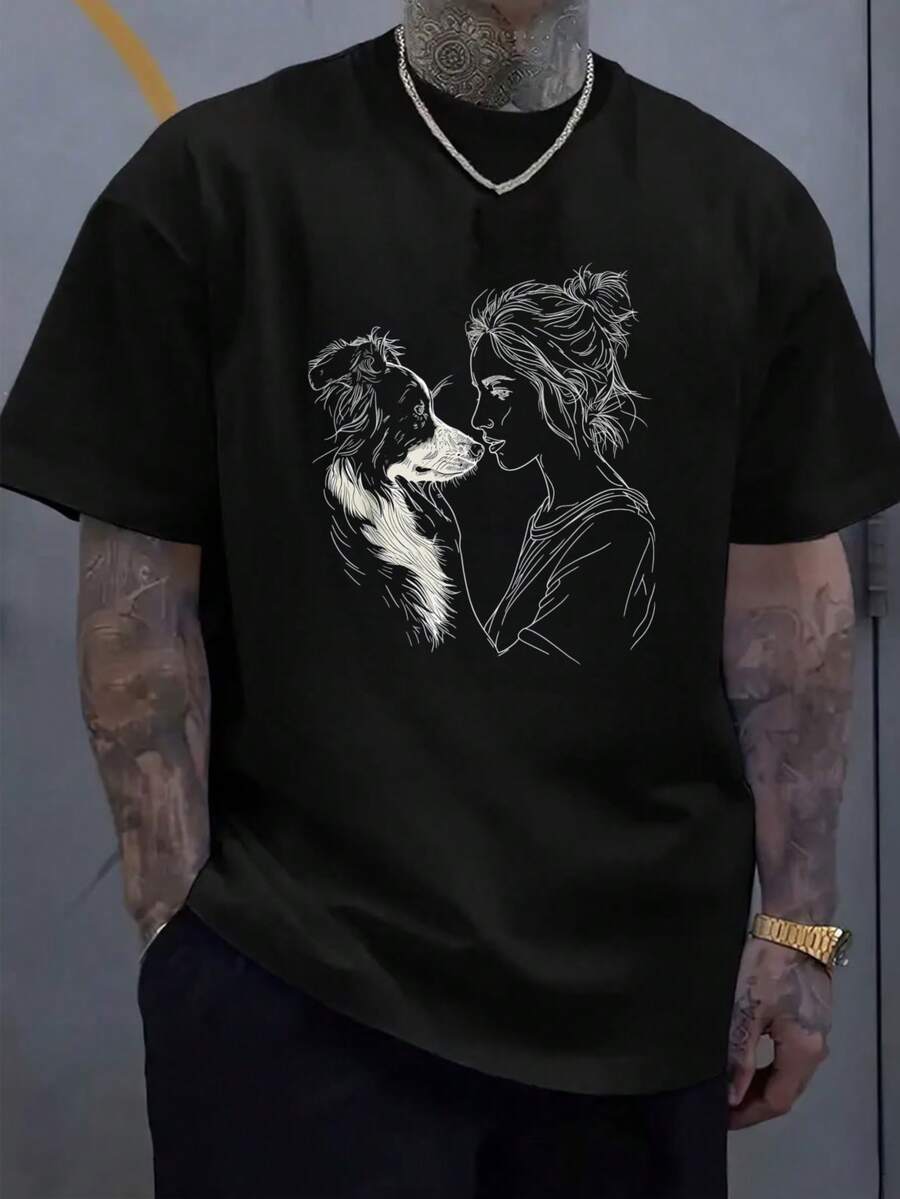 Camiseta de Estilo Casual para Hombre con Diseño de Boceto de Perro y Mujer para Atuendo Informal, Regalo de Verano para Amantes de Perros - Negro - Ver 1