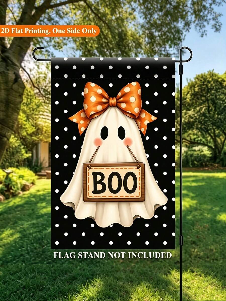 1pc Halloween Ghost Garden Flag, Suitable For Outdoor Home And Yard Holiday Decoration, Halloween Party, Trick Or Treat, Day Of The Dead, Horror Theme Party, Halloween Candy Party, Theme Party, Vintage Style Party And Haunted House - One Size Fits All - View 1