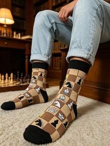 1 Pair Men's Brown And Black Contrast Chess Pattern Mid-Calf Socks, And Versatile For All Seasons - Multicolor - View 1