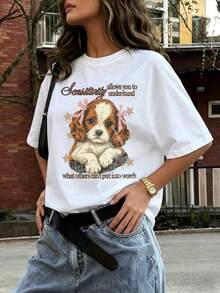 American Vintage Style Cavalier King Charles Spaniel Bow Print Short-Sleeve T-Shirt For Women, Gentle Loose-Fit Versatile Tee, Essential For Daily Fas - White - View 2