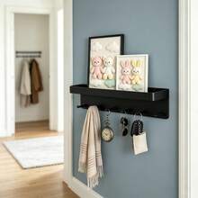 1pc Wall-Mounted Key Rack With 6 Hooks, Kitchen Storage Shelf Organizer, Bathroom Adhesive Holder For Keys Clothes Umbrella, Modern Design Home Wall Decor Hanger Stylish (Black, White) - Multicolor - View 5