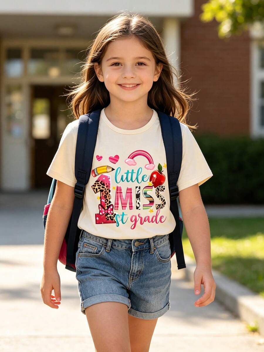 小女孩 Little Miss 1年級返校短袖印花T恤,可愛校園風夏季上衣 - 米色 - 查看 1