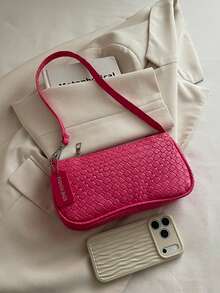 Women's Woven Texture PU Leather Zipper Small Casual Shoulder Bag, Daily Use Crossbody Bag (Gift Bag Not Included) - Pink - View 9