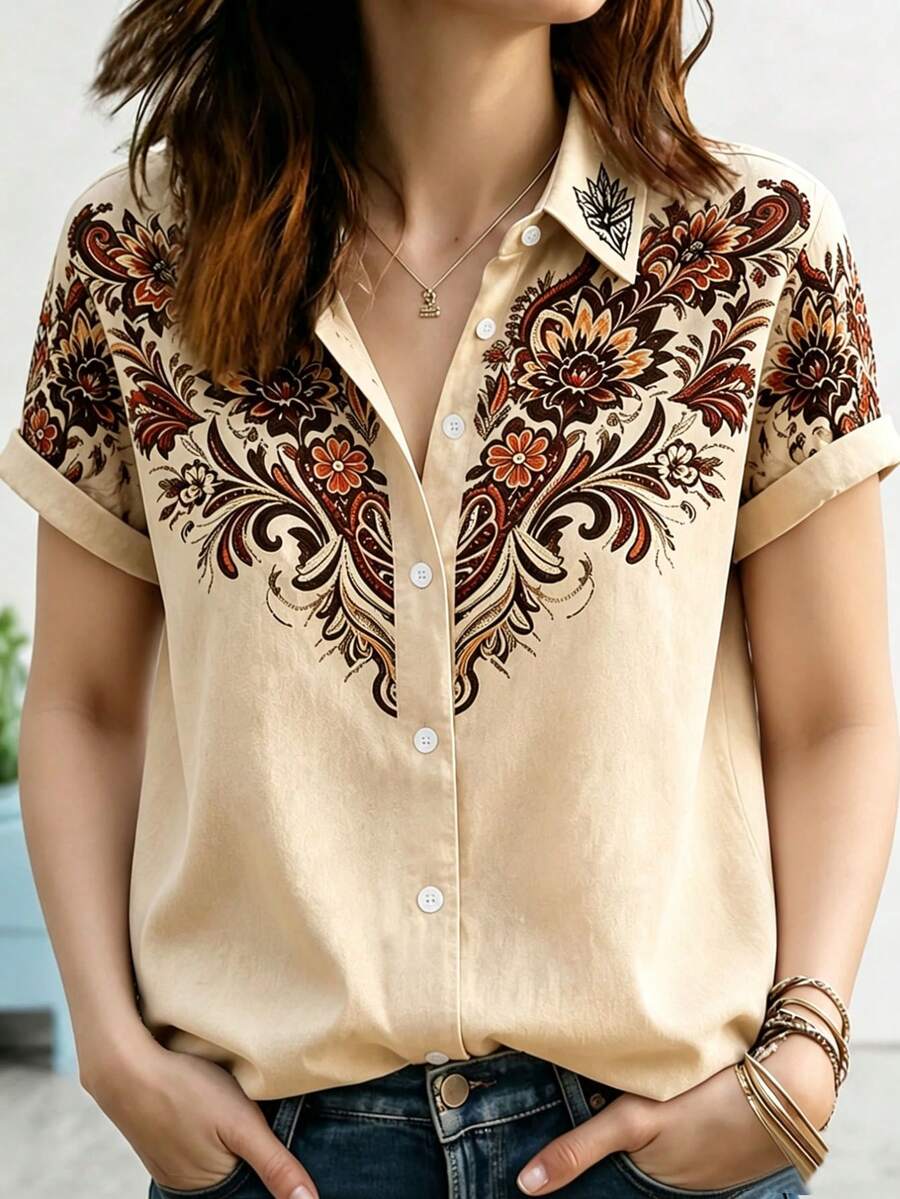 Vintage Western Print Women's Plus Size Short Sleeve Button-Up Blouse - Apricot - View 1