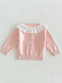 Baby Girl Pink Lace Collar Bow Knitted Cardigan, Soft And Gentle Long Sleeve Outerwear Sweater For Spring And Autumn - Pink - View 2