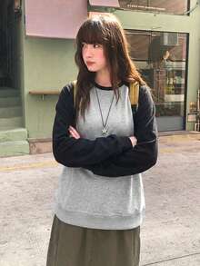 Vintage Colorblock Raglan Long Sleeve Women's Casual Loose Versatile Sweatshirt - Grey - View 8