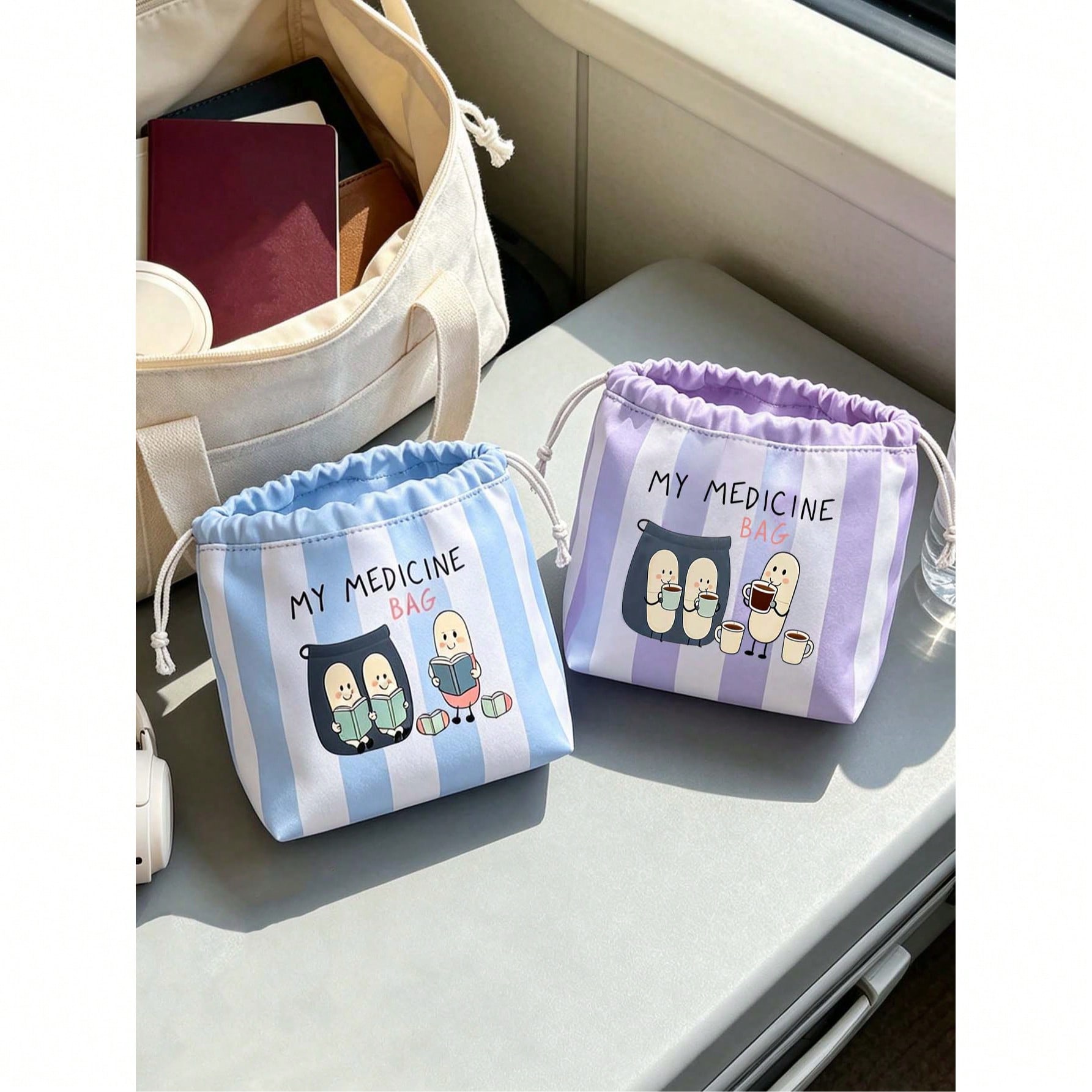 Striped Drawstring Small Medicine Pouch, Cute Pill Pattern, Portable Medicine Storage Bag, Travel Medicine Bag, Large Capacity Travel Storage Bag, Makeup Bag, Multi-Functional Storage Bag, Medicine Storage, Home Essential Storage, Suitable For Travel, Outings, Camping And Daily Use, Ideal Travel Cho