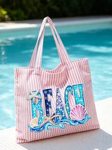 Pink Striped Tote Bag With "BEACH" Shell And Wave Pattern Print, Summer Theme. Large Capacity Striped Handbag And Makeup Bag, Casual Shoulder Bag, Lightweight Shopping Bag, Portable Cosmetic Storage Bag, Suitable For Travel, Shopping, Commuting And Daily Use, Gift For Women, Lovers, Friends, Birthday Gift, Holiday Gift, Party Gift, Vacation Gift, Back To School Gift, Anniversary Gift, Teacher Gift - Multicolor - View 13
