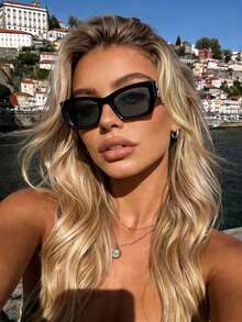 1 par de gafas de moda europea & americana con marco poligonal extragrande, gafas de mujer vintage minimalistas casuales versátiles, estilo de calle de alta gama que estiliza, accesorio de playa de verano, atuendo de vuelta a la escuela - Negro - Ver 1